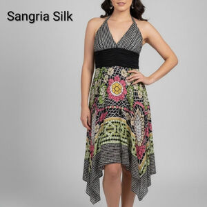 90s Y2K 100% Silk Babydoll Asymmetrical Halter Dress Sz 10 Floral Stained Glass